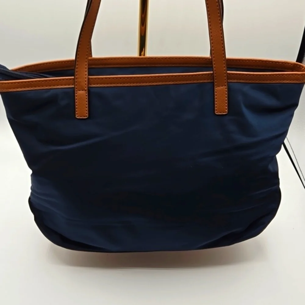 MICHAEL KORS Medium Nylon Tote Navy w/ Cognac Straps Gold MK 🔐 - Picture 5 of 11